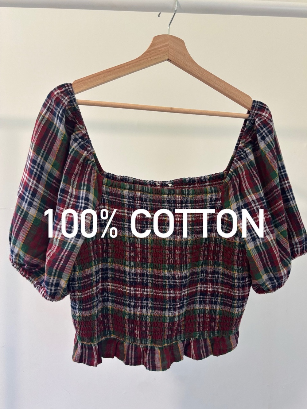 American Eagle off the shoulder plaid peasant top | 100% cotton | Size L